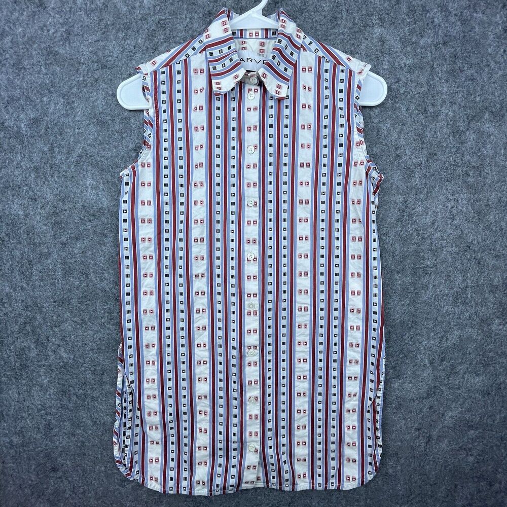 Carven Shirt Dress Womens 34 Red White Blue Vertical Stripes Collar Back Pocket